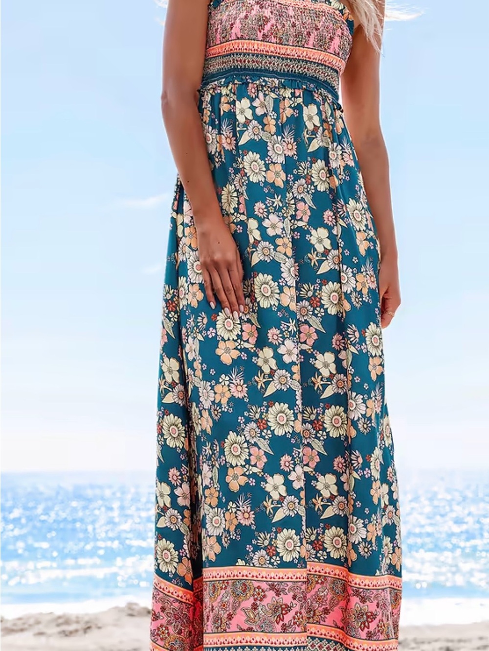 Cupshe Teal Floral Maxi Skirt with Pink Border